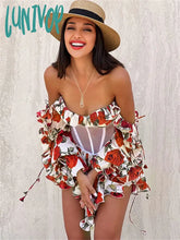 Lunivop Patchwork Ruffle Print Mesh Off Shoulder Dress Women Sweet Tie Up See Through Long Sleeve